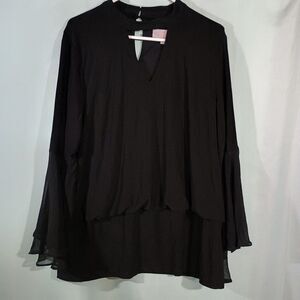 Black Chiffon Blouse Keyhole Neck Layered Top Sheer Sleeve Dressy